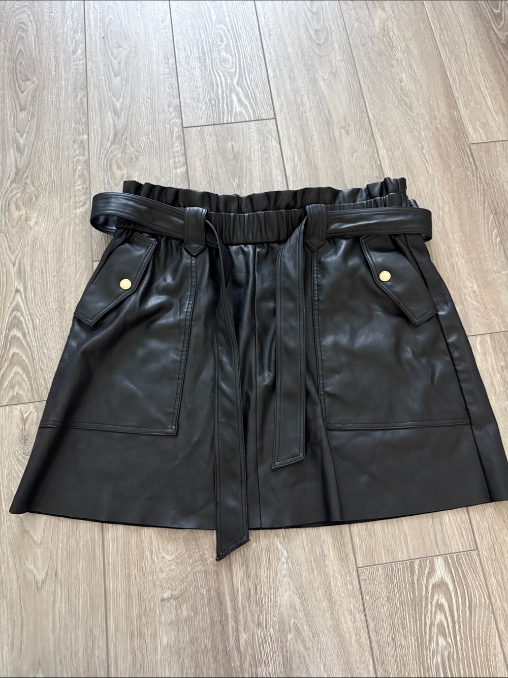 Marc New York Black Faux Leather Paperbag Mini Skirt with Belt, Sz L
